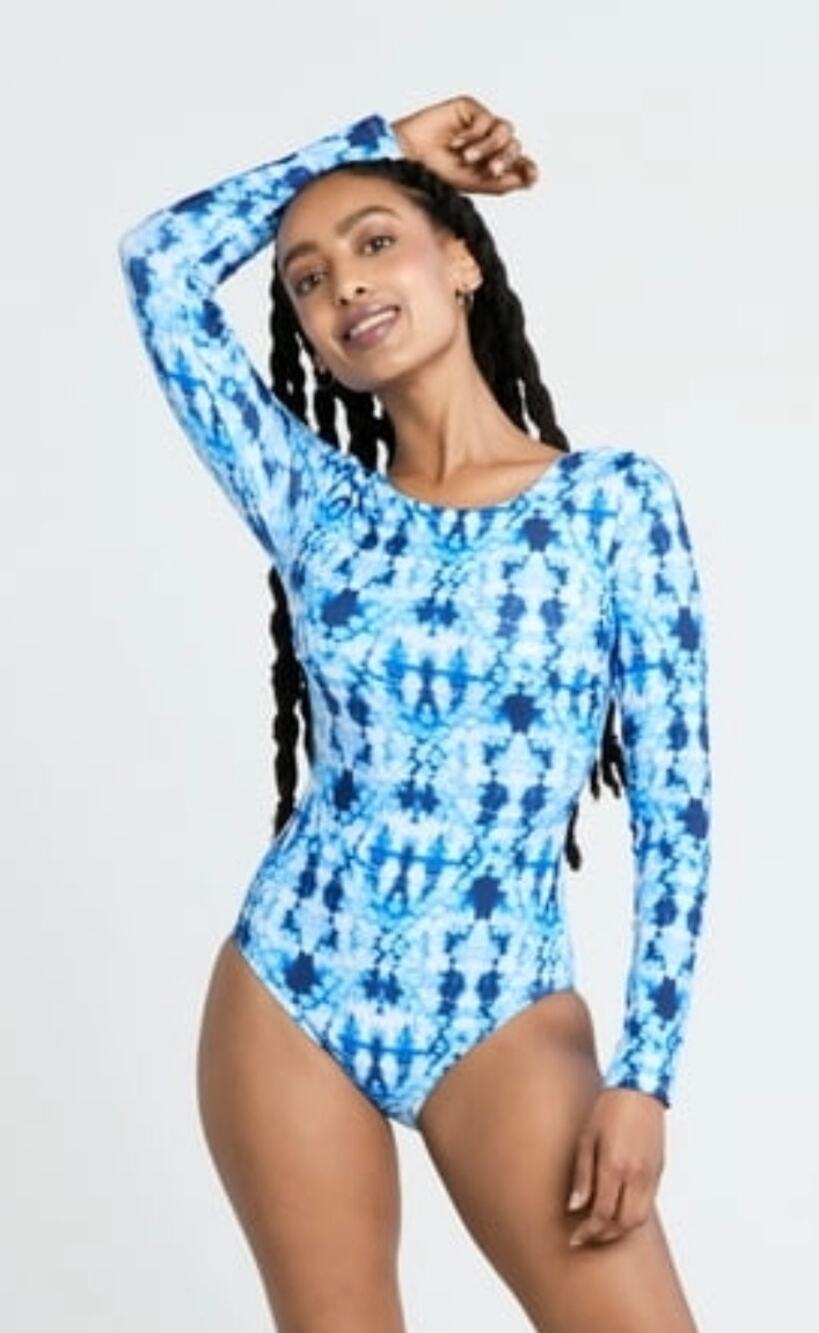 Time and Tru women’s Long-Sleeve Surfsuit Tie Dye Blu One Piece Swimsuit Swim L